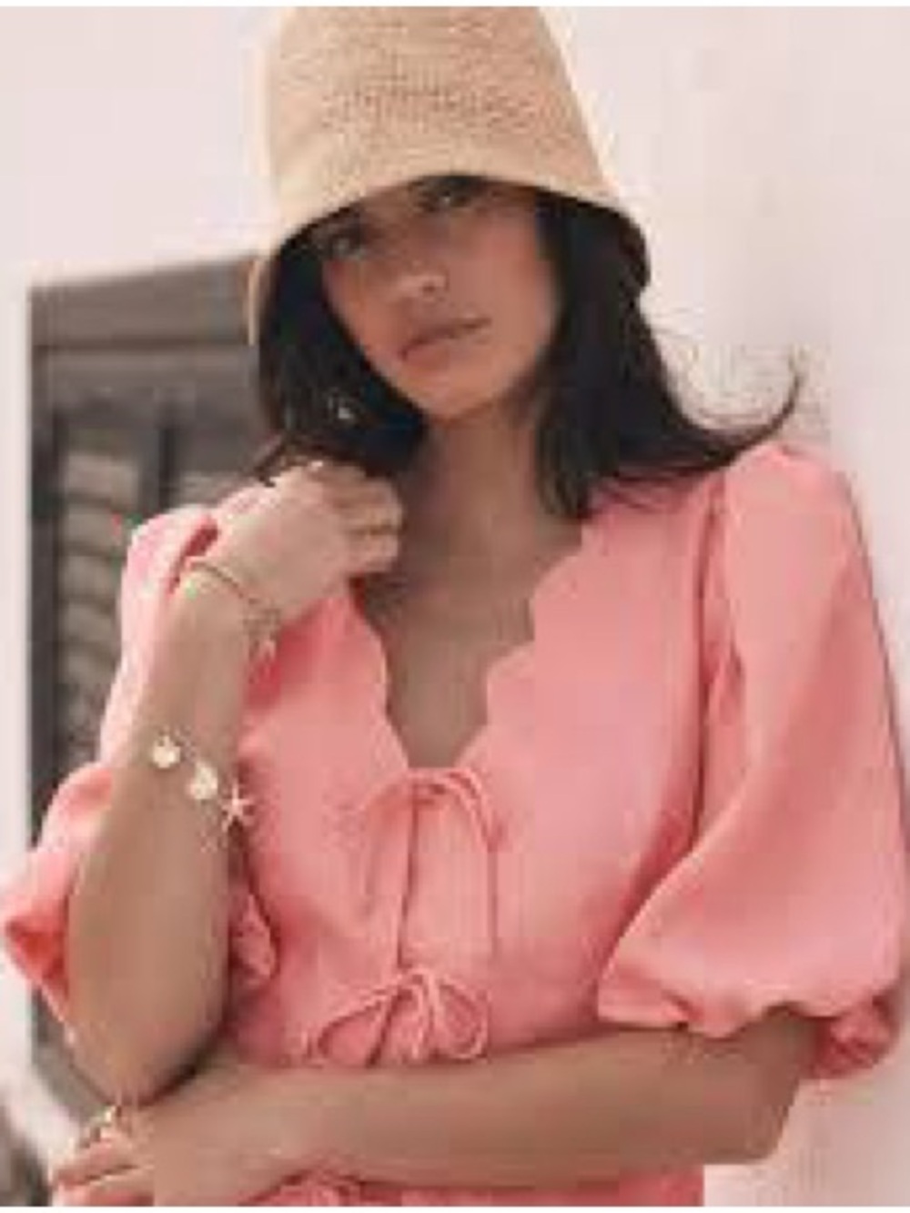 Polagram Pastel Pink Scallop Tie-Front Feminine Romantic 100% Cotton Blouse sz L